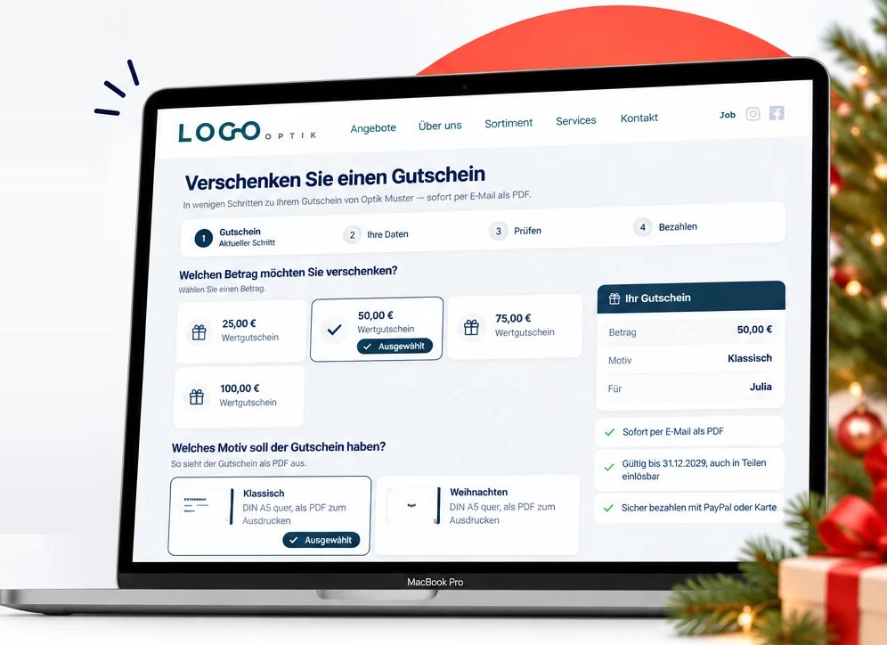 Gutschein-Shop eines Optikers auf einem Laptop – Betrag, Motiv und Bezahlung in wenigen Schritten